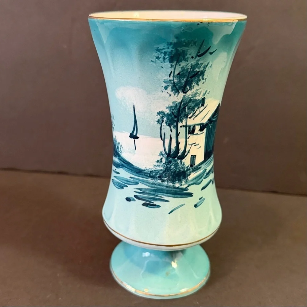 Nautical Porcelain Vase Portugal Teal Blue Sailboat Hand Painted Mid Century H h
